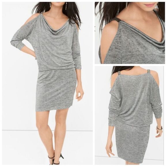 NWT WHBM Marled Gray Cold Shoulder Dolman Blouson Dress gray beaded Small - Picture 1 of 12